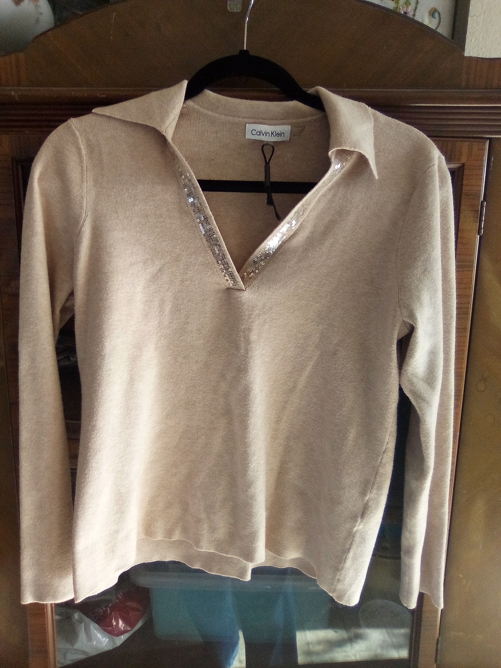 Calvin Klein Light Beige Sequin-Trim Sweater